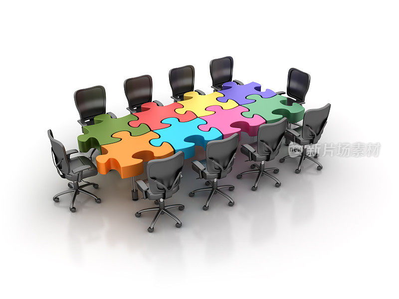 办公室椅子会议与拼图块桌子- 3D渲染